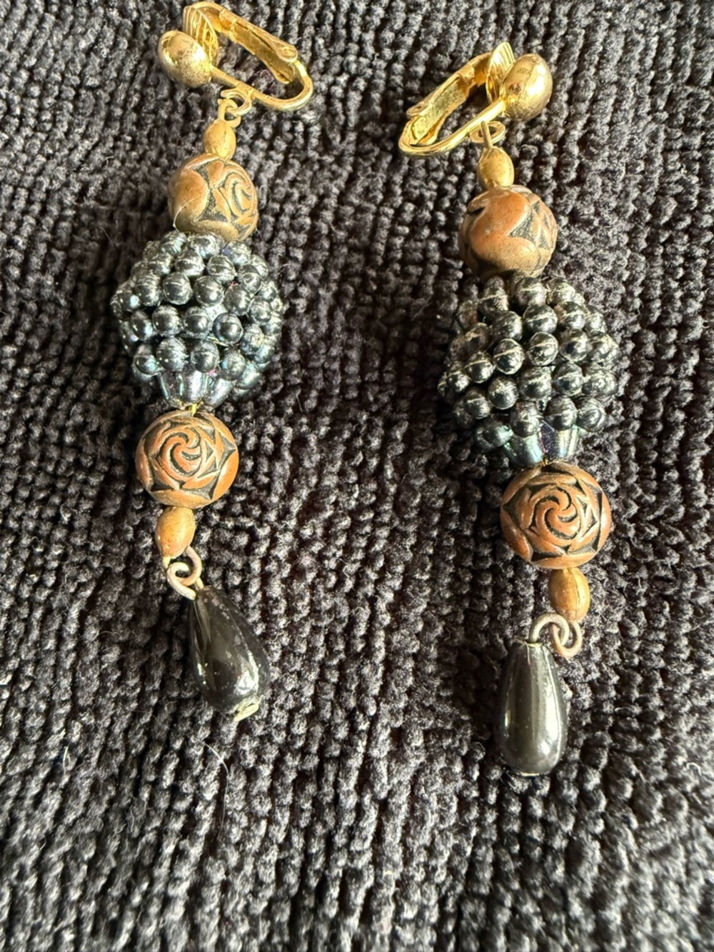 Gold-Tone & Black Beaded Drop Clip-On Earrings
